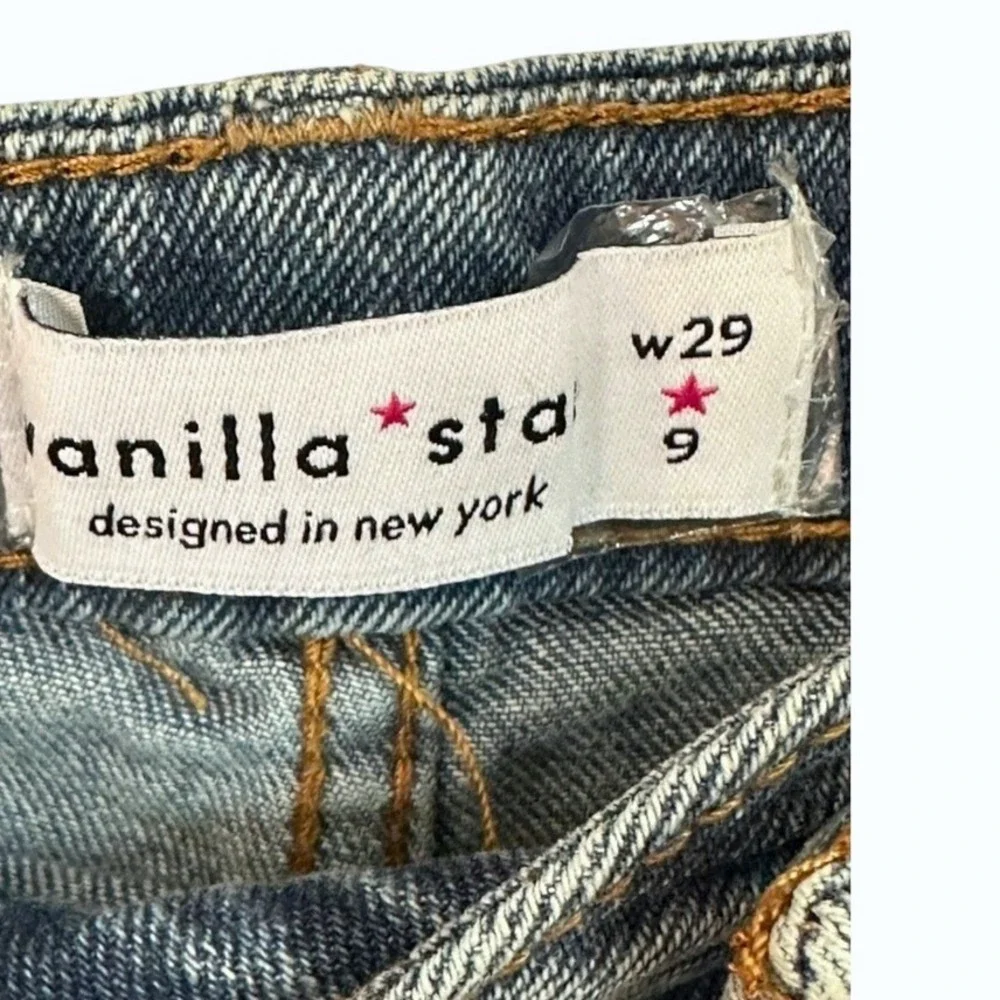 Vanilla Star Womens Cheeky Shorts 9 Blue High Rise Distressed Denim Festival‎